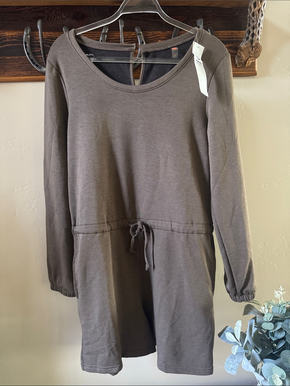 Mono B Taupe Long-Sleeve Drawstring Waist Romper